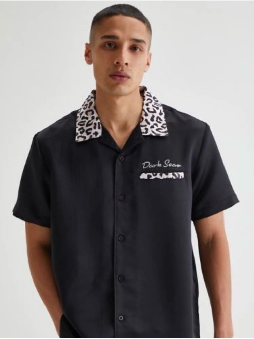 Dark Seas Leopard Print Trim Woven Button Down Shirt